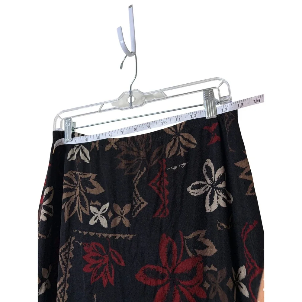 Chicos Travelers Floral Tribal Print Midi‎ Skirt Black Red Tan Size 1 Elastic